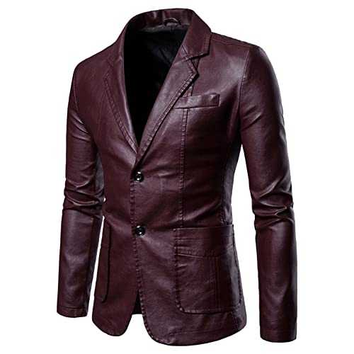 Men's Casual Coat Solid Leather Single Breasted Blazers Jackets Slim Lapel Collar Pocket Warm Long Sleeve Suit Coat Mens Suits Big and Tall