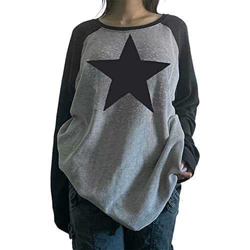 ABYOVRT Women Star Shirt Y2k Tops Vintage Aesthetic Patchwork Long Sleeve Tee Shirts 90s Grunge Clothes