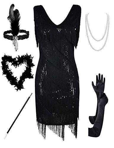 PrettyGuide Women's 1920s Charleston Dress Sequin Full Fringed Deco Flapper Dress