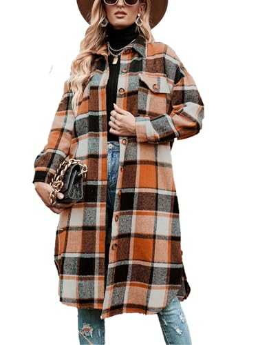 FHQueen Women's Wool Pea Coats Winter Long Plaid Shacket Jacket Casual Button Down Trench Coat With Pockets