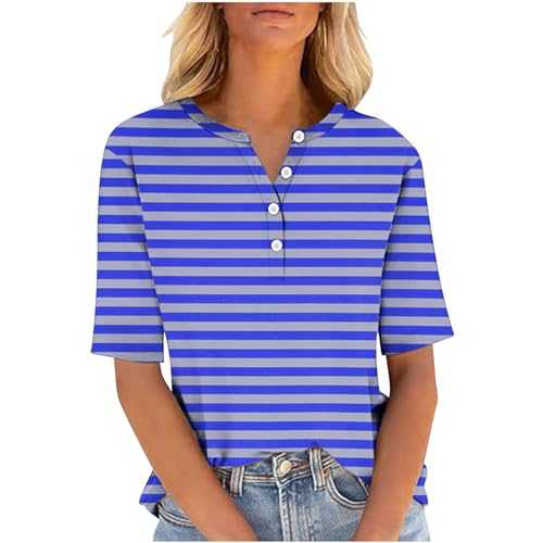 Tops for Women UK Short Sleeve Tshirts V Neck Button Up Plus Size T-Shirts Women Stripe Printed Work Tunic Dressy Pullover Sweatshirts for Womenmen Casual Blouses Activewear Clearance Clothes