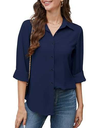 Stamain Womens Chiffon Blouse Long Sleeve Button Down Shirts Casual Wrinkle Free Blouses Tops for Office Work