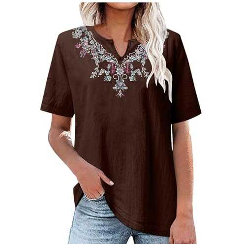 AMhomely Floral Embroidered Blouse Bohemian Tops Women Summer Boho Shirts Short Sleeve Oversized Tunic Tops Loose Pullover Tops Shirts Elegant Party Tees Shirts V Neck Tunic Blouses