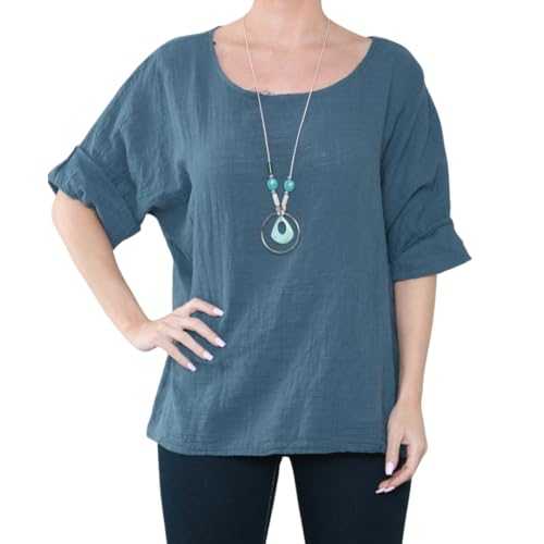 Airy Threads Ladies Italian Plain Cotton Tunic Top Lagenlook Long Sleeve Round Neck Lightweight Casual Short Layering Top Women Shirt Necklace Summer Tops For Women UK Ladies Blouse One Size 8-18