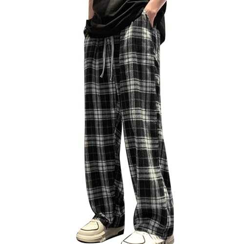 Generisch Men's Tracksuit Bottoms, Checked Breathable Sweatpants, Straight Leg Cargo Trousers with Drawstring, Leisure, Hiking Trousers with Pockets, Cotton, Plain, Vintage Sports Trousers