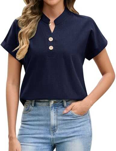 Womens Summer Button Down Shirts Short Sleeve V-Neck Top 100% Cotton Blouse Solid Color Rolled Up Sleeve T Shirt Ladies Casual Loose Fit Basic Tee