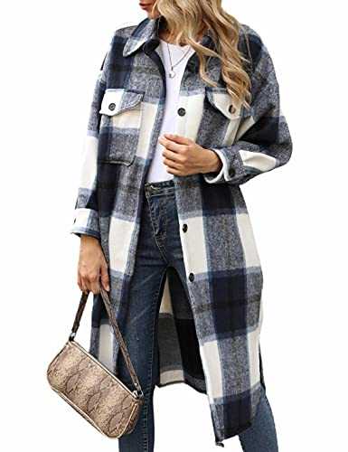 Springrain Womens Long Plaid Flannel Shacket Button Down Long Sleeve Shirt Jacket