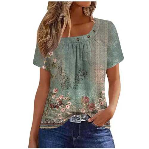 KUIH Womens Summer Tops Cotton Vintage Floral Print Front Tunic Tops Short Sleeve Baggy Blouse Flower Elegant Party Floaty Swing Top Shirts Loose Fit Oversized Pullover Tops Sale Clearance Plus Size