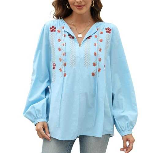 Grosy Boho Embroidered Long Sleeve Tunics Shirts for Women Mexican Peasant Blouses Ethnic Bohemian Floral Tunic Tops