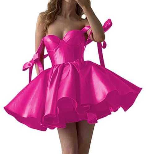 Homecoming Dresses Short Prom Dresses for Teens 2024 Sparkly Satin Sweetheart HOCO Dress with Bow Pockets