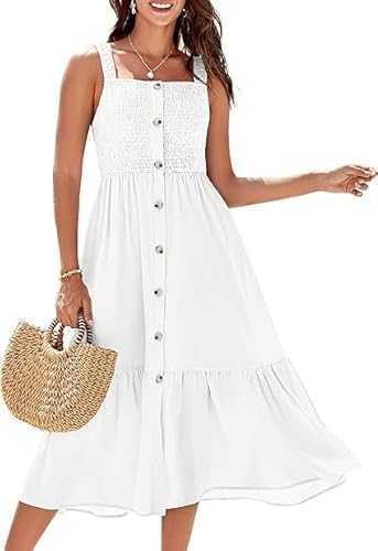 GRACE KARIN Women's Summer Casual Dress A Line Square Neck Button Down Dress Long Sleeveless Boho Dress Spaghetti Strap Flowy Beach Midi Dress Beach Dresses Vacation