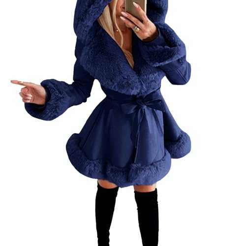 Qolkmuiy-GJ Women's Faux Leather Hooded Coat Warm Hoodies Fur Trim Jacket With Belt Winter Thick Trench Ruffled Hood Coats