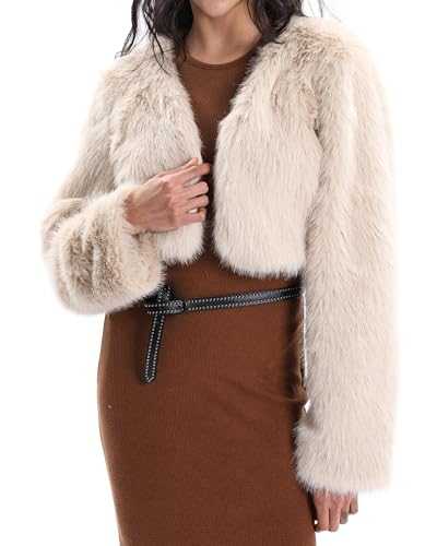 Xintianji Womens Faux Fur Cropped Jacket - Open Front Long Sleeve Winter Fuzzy Fleece Coat