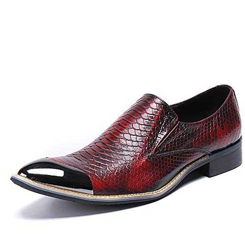Rui Landed Oxford for Men Formal Shoes Slip On Style Genuine Leather Luxury Retro Snake Skin Texture Metal Toe(Size:9.5 UK) Wine Red