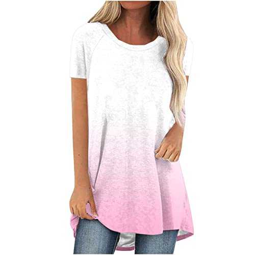 AMhomely Longline Short Sleeve Tops for Women UK Summer Tops Women Gradient Casual Blouse Crewneck Pullover Tops Tunic Blouse Baggy Swing Shirts Comfort Basic Long Tops for Leggings