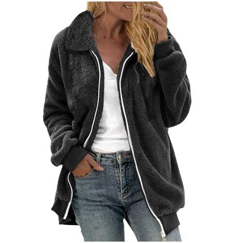 Fleece Jacket Women Lightweight Teddy Bear Coat Soft Cozy Fluffy Coats Ladies Fleece Jackets Full Zip Double Fleece Turn Down Collar Outerwear Casual Loose Warm Outwear Long Sleeve Cardigans