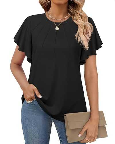 VAFOLY Womens Short Sleeve Tops Dressy Casual Cotton Shirts Round Neck Blouses