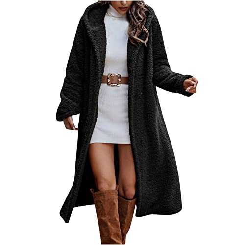 HAOLEI Women's Teddy Fleece Long Coat,Faux Fur Trench Coat Sherpa Jacket Open Front Warm Cardigan Outwear Overcoat Autumn & Winter Longline Coat for Ladies UK