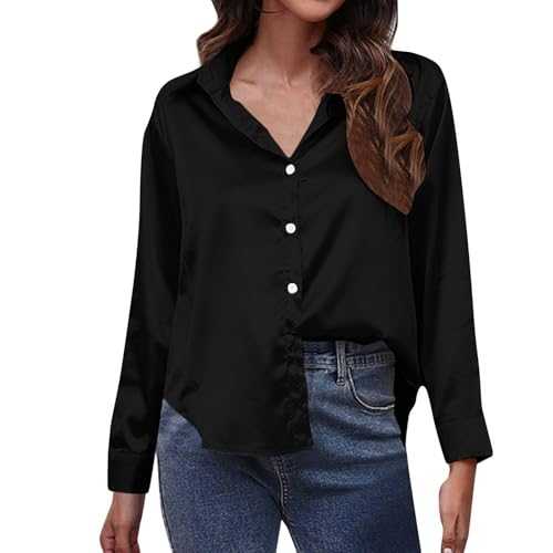 Womens Casual Satin Summer Blouse Clearance Spring Summer Long Sleeves Shirts Lapel Neck Bottons down Blouse Causal Plain Work Shirts Elegant Date Blouse