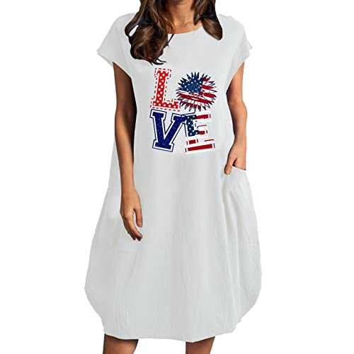 AMDOLE Solid Color T Shirt Dress Striped Printed Loose Short Sleeve Dress for Women Summer O Neck Dresses with Pocket July 4 USA Flag Cotton Loose Dress Dresses for Women Party Casual