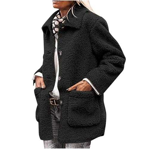 Womens Fleece Jacket Fluffy Teddy Fleece Sweatshirts Winter Warm Casual Outerwear Fuzzy Long Sleeve Lapel Button Down Cozy Coat Tops with Pockets