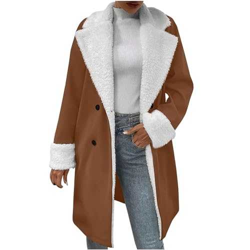 Womens Long Fleece Coat Winter Trench Coats for Women Warm Thickened Ladies Notch Lapel Long Sleeve Pea Coat Fashion Vintage Casual Suede Coat Sherpa Lined Jackets Outerwear