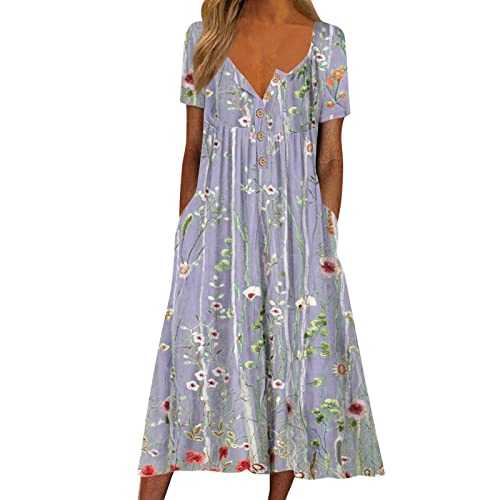 Floral Print Midi Dresses for Women UK Short Sleeve V Neck Button Summer Dress with Pockets Comfy Lounge T Shirts Beach Holiday Sundress Plus Size Elegant Holiday Vocation Boho Dresses