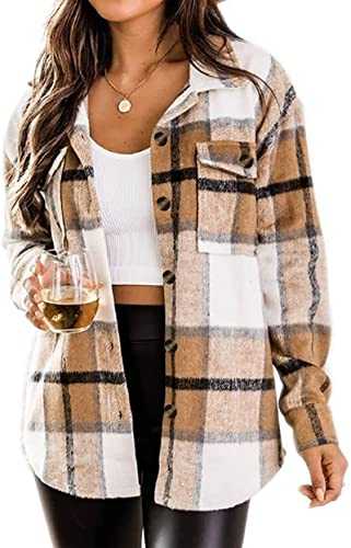 Jhsnjnr Women's Flannel Checked Shirts Oversized Long Sleeve Plaid Button Up Jackets Shacket