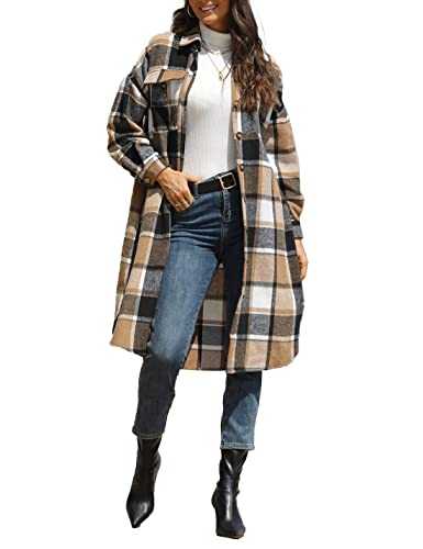 Sukany Women's Casual Lapel Wool Blend Long Plaid Shirt Button Down Long Sleeve Jacket Shacket