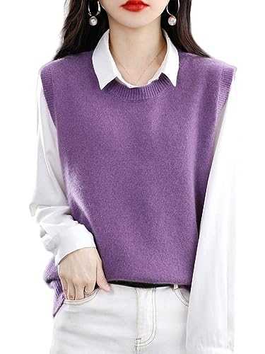 Round Neck Wool Knitted Waistcoats for Women,Light Green Sleeveless Knit Vest Vintage Pullover Sweater Tank Top Ribbed Knit Hem Jumpers Gilets Casual Basic Knitwear Vest