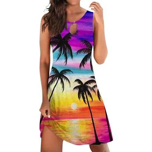 YOGALULU Women Summer Casual Fashion Beach Vacation Round Neck Sleeveless Colorful Striped Print Dress Sweater Dress Midi