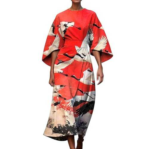 HOOUDO Women's Summer Dresses Crew Neck Elegant Swing Dress Casual Vintage Midi Sundress with Pockets A-Line Wedding Guest Dresses