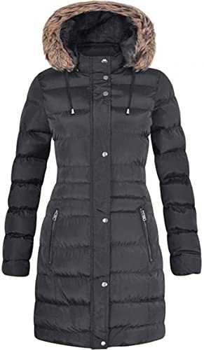 Spindle Womens Long Fur Trimmed Hooded Padded Puffer Parka Ladies Winter Jacket Coat