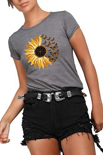 Fashion Star Womens Cap Sleeve Round Neck Sunflower Butterfly T-Shirt Basic Jersey Tee Top