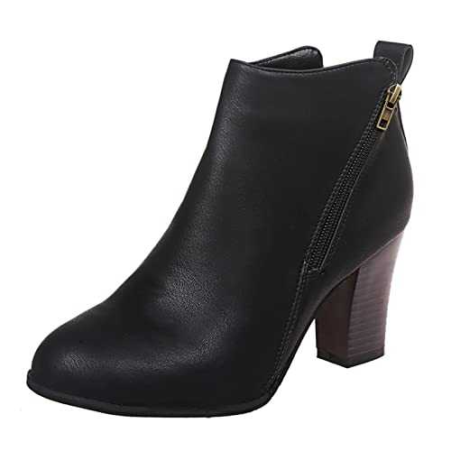Nidddiv Women's Chunky High Heel Chelsea Ankle Boots Stylish Faux Leather Fashion Shoes Womens Black Boots Lightweight Side Zipper Boots Slip On Snow Boots Solid Colour Stylish Booties Winter Boots