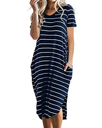 CNFIO T Shirt Dresses for Women Summer Short Sleeve Stripe Midi Dress with Pockets L-Navy X-Large