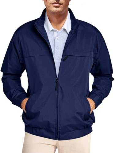 Runcati Men's Lightweight Full Zip Jackets Golf Stand Collar Bomber Jacket Casual Windbreaker Outwear