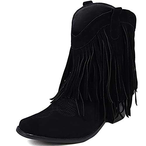 Smilice Women Block Heel Tassels Booties Casual Slip-on Ankle Boots with Chunky Heel