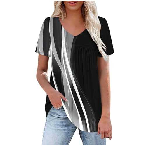 Short Sleeve Blouses for Women UK Summer V Neck Tops Pleated T-Shirts Elegant Loose Fit Tunic Tops Flower Print Trendy Casual Shirt Tops Tees Ladies Lightweight Blouses for Holiday