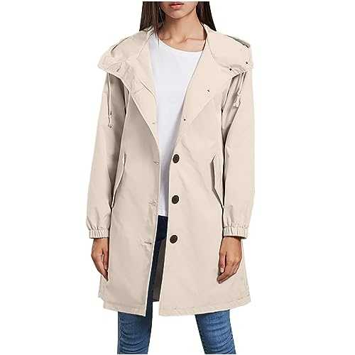 AMhomely Womens Coats Rain Jacket Outdoor Waterproof Hooded Windproof Coat Ladies Casual Loose Cardigans Pea Coat Trench Coats Lightweight Snow & Rainwear Plus Size
