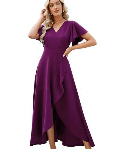 Women's Formal Dresses V Neck Ruffle Split Gowns and Evening Party Dress，Wedding Guest Homecoming Dresses for Women