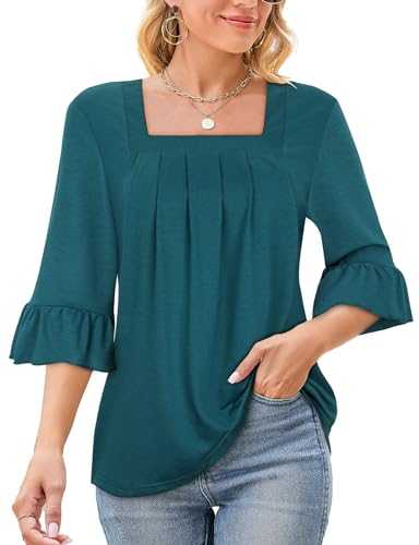 Syphiby Ladies Tops Square Neck Tops 3/4 Ruffle Sleeve Tops for Women Floral Blouses Flowy Shirts Pleated Tunic Tops Loose Spring Summer Autumn Clothes S-2XL