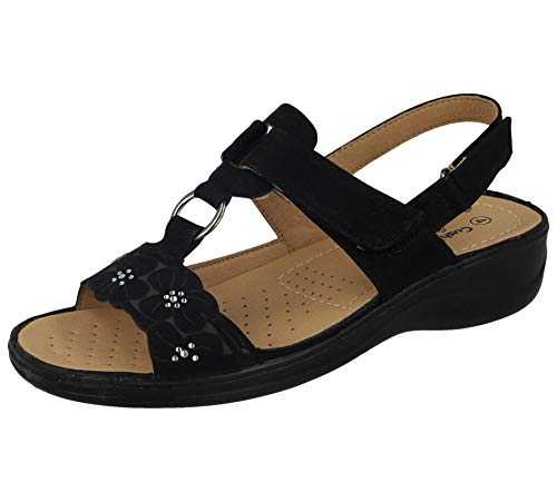 Ladies Faux Leather Flower Diamante Peep Toe T Bar Touch Close Sling Back Comfort Gladiator Summer Sandals Size 3-8 (6 UK, Black)