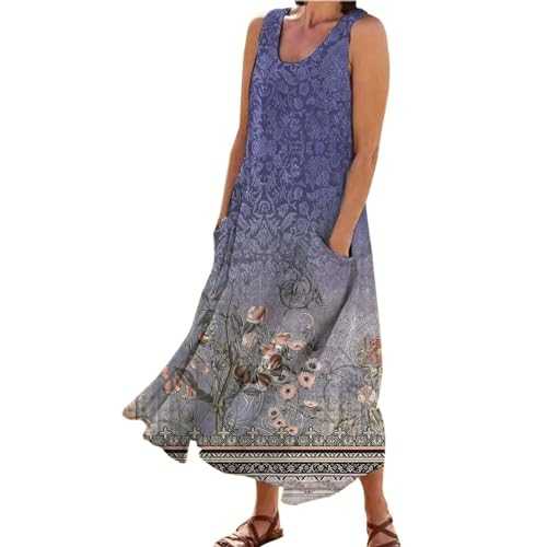 Boho Dresses for Women UK, Women's Fashion Crew Neck Casual 3D Flower Print Cuffless Pocket Long Vest Dress Casual Skirt Petite Maxi Dresses for Short Women Long Maxi Summer Beach Swing Dress