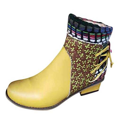 ZHIYAO Women's Ethnic Roman Boots Square Heel Round Toe Side Zipper Ankle Boots Ladies Autumn Zipper Colorblock Fashion Casual Shoes