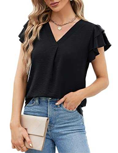 Blooming Jelly Womens Casual V Neck Tops Pleated Short Sleeve T Shirts Ruffle Sleeve Ruffle Blouses Summer Tops