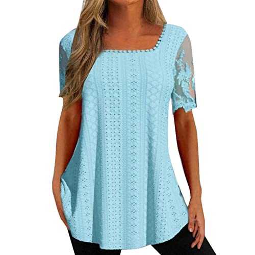 Sexy Tops for Women, Summer Fashion Women's Top Solid Color Square Neck Hole Hollow Lace Sleeve T Shirt Large Plain Tees Women Womens Vest Top