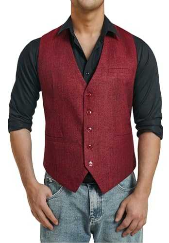 HISDERN Men's Waistcoat Herringbone Waistcoats Tweed Waistcoats for Mens Single Breasted Waistcoats Formal Suit Vest