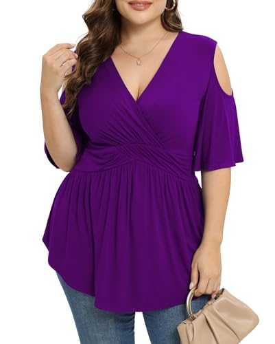 TIANZHU Women Plus Size Top Short Sleeve Wrap Dressy Shirt Cold shoulder Low Cut Babydoll Blouse, Purple, 3XL