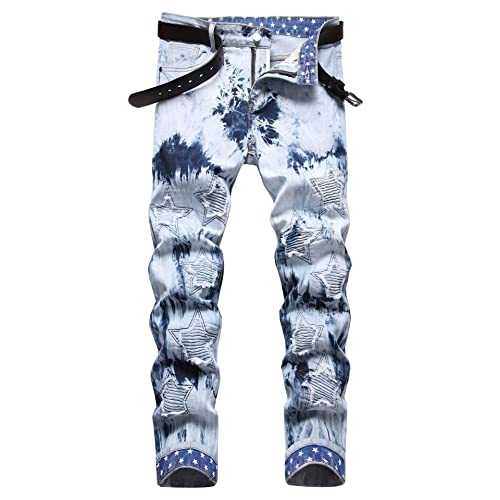 Zehwonpei Mens Skinny Ripped Biker Slim Fit Jeans Fashion Printed Comfy Stretch Denim Jeans Pants